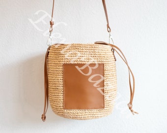 Women's Raffia Straw Crossbody Bucket Bag, Woven Raffia Bucket Beach Bag, Crossbody Raffia Casual Bag, Bucket Woven Bag,Raffia Crossbody Bag