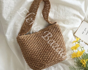 Women's Straw Weave Bucket Bag, Hand Woven Bucket Bag, Fashion Casual Bucket Bag, Gift for Her, Women's Woven Bag, Straw Bucket Bag