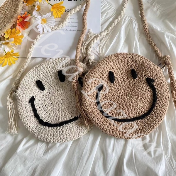 Sac en coton tricoté Smiley Face, sac à bandoulière, sac au Crochet fait à la main, sac de mode, cadeau pour elle, sac tissé pour femmes, sacs à bandoulière au Crochet