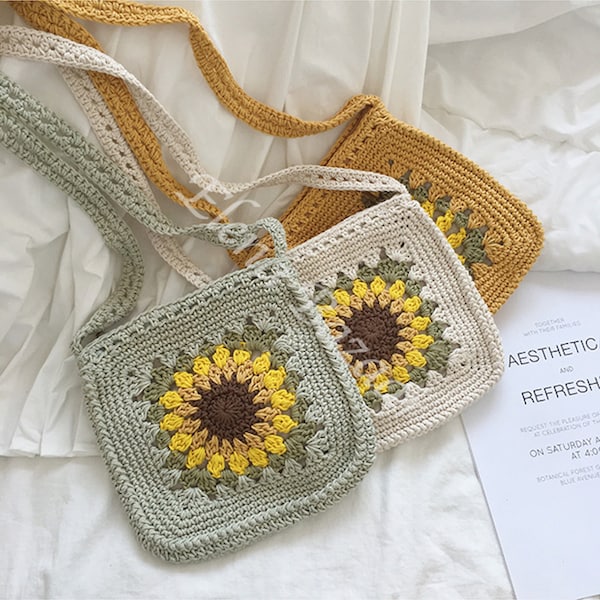 Handmade Crochet Sunflower Purse, Hand Woven Crossbody Bag, Cotton Purse, Amigurumi Shoulder Bag, Crossbody Bag