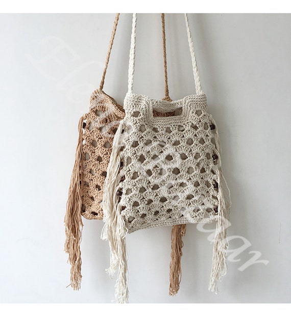 Elena Handbags Retro Cotton Crochet Shoulder Bag with Tassels Brown