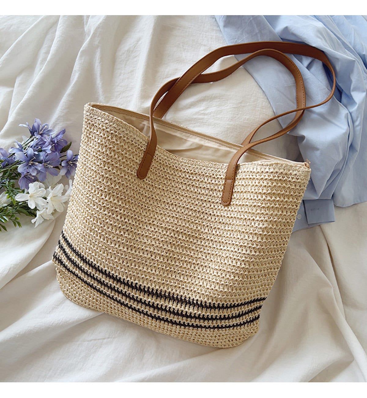 Elena Handbags Large Straw Woven Tote Bag with Leather Straps White