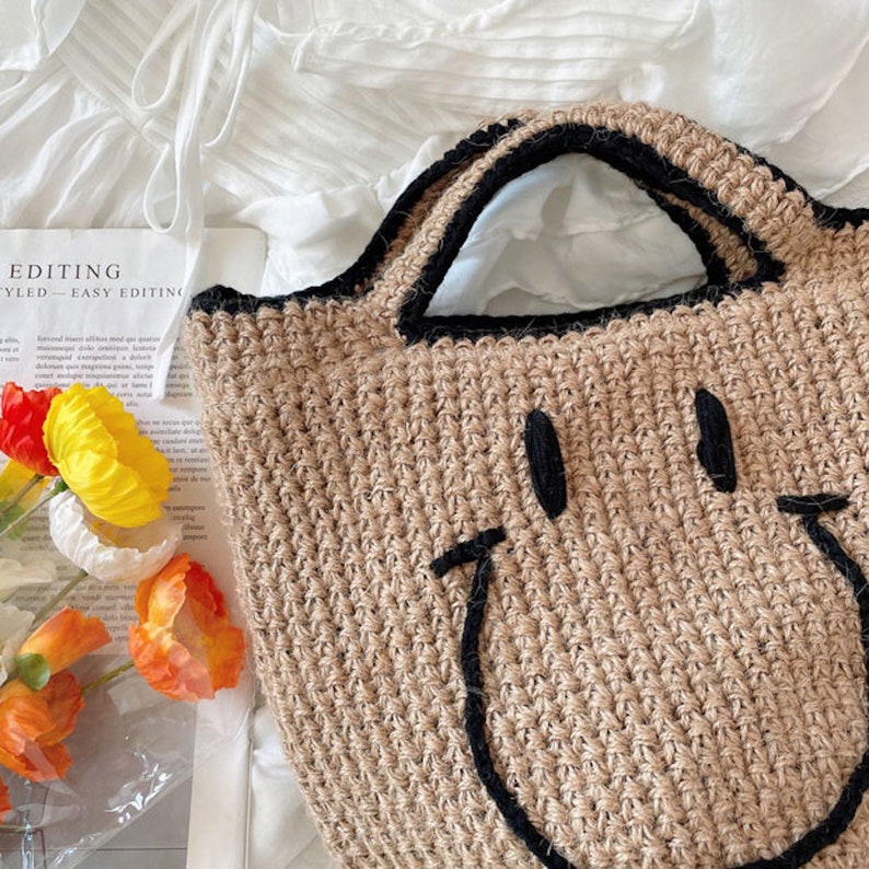 Cotton Knitted Smiley Face Bag, Handmade Crochet Purse, Fashion Bag, Crochet Shoulder Bags, Handmade Shoulder Bags, Crochet Bag image 7