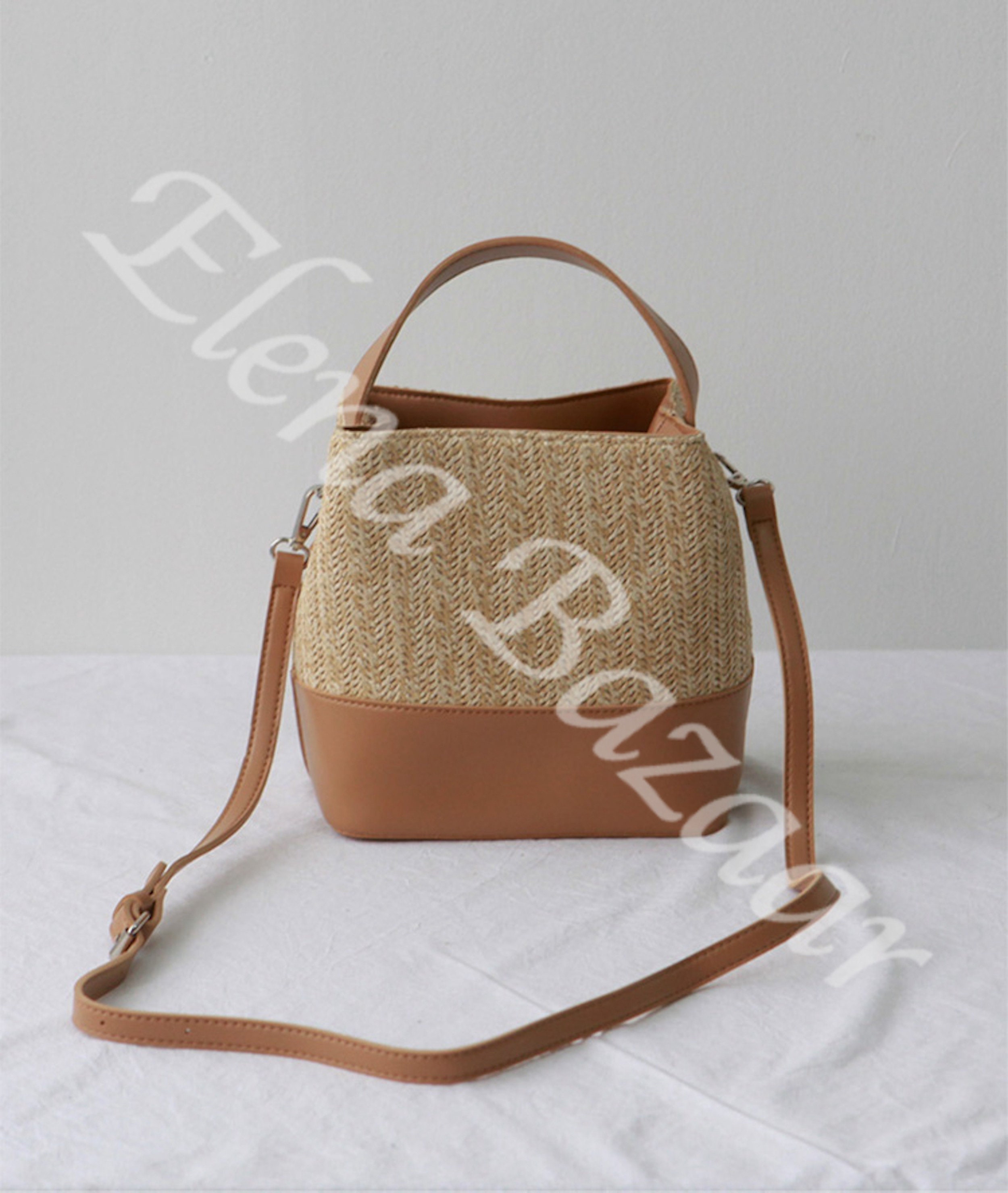 Elena Handbags Straw Woven Square Box Bag with Leather Flap Brown