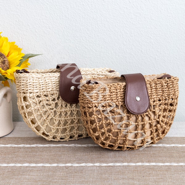 Women's Straw Crossbody Bag With Leather Accent, Fashion Casual Crossbody Bag, Gift for Her, Women's Woven Crossbody Bag,Straw Crossbody Bag