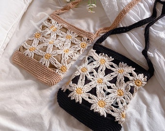 Crochet Daisy Crossbody Bag, Daisy Pouch Design, Small Size, Handmade Woven Cotton Daisy Bag, Crochet Crossbody Bags, Handmade Daisy Bag