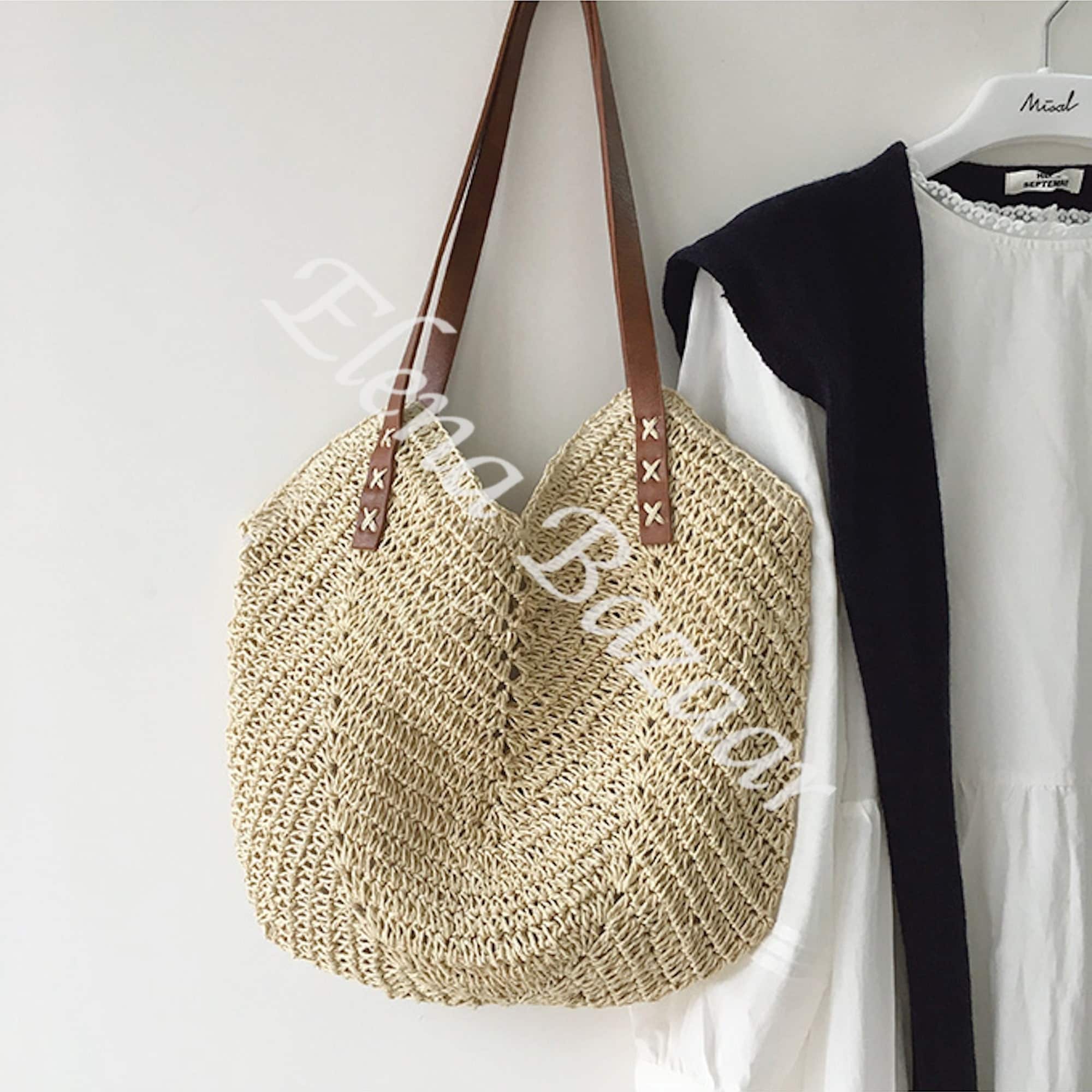 Elena Handbags Large Straw Woven Tote Bag with Leather Straps White