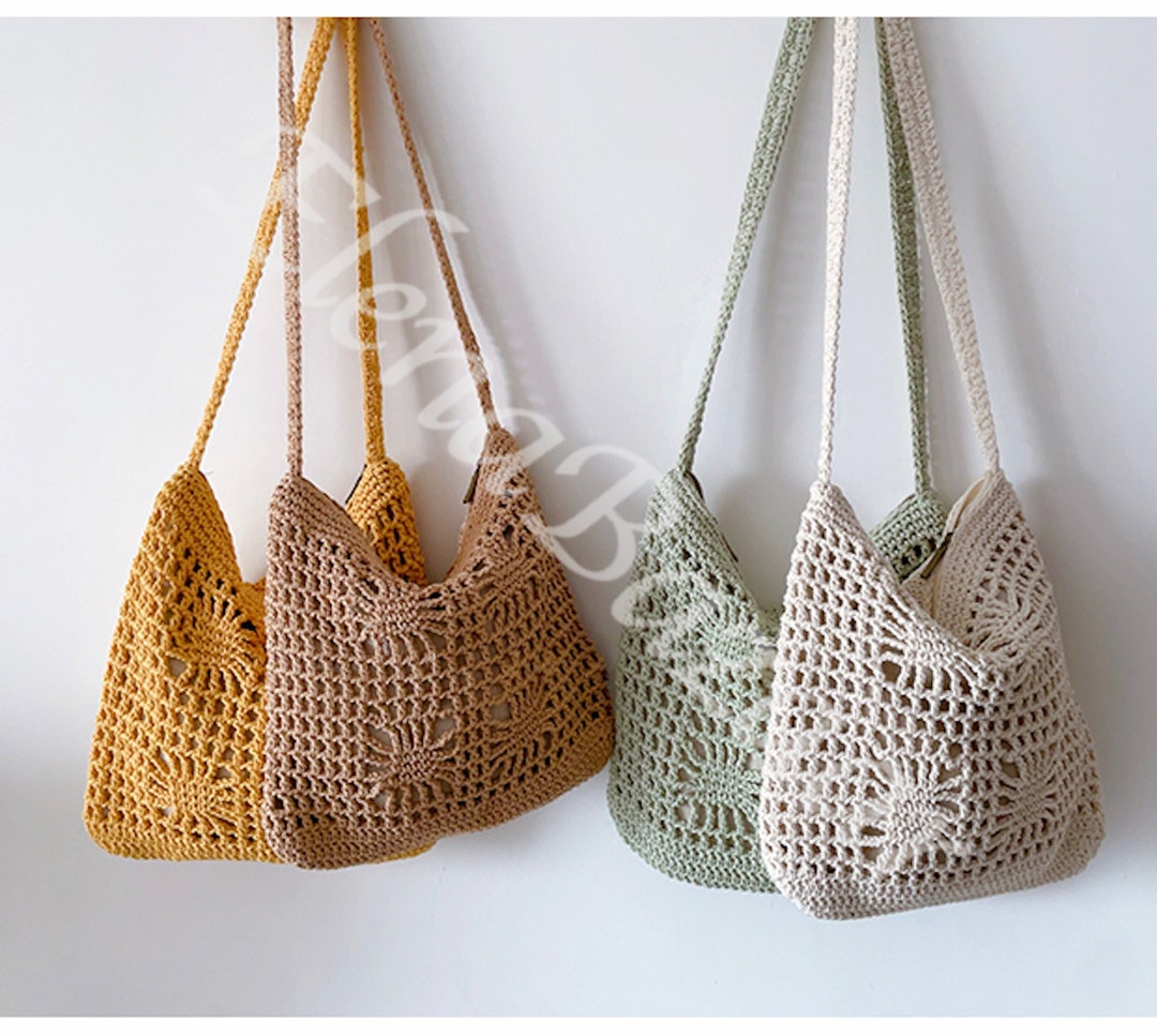 Small Boho Cotton Knitted Crossbody Bag, Handmade Crochet Bag, Women's