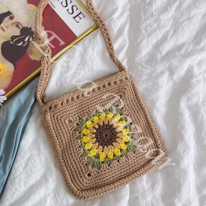 Handmade Crochet Sunflower Purse, Hand Woven Crossbody Bag, Cotton ...