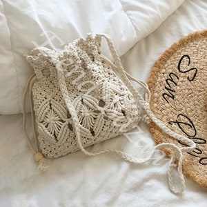 Floral Knitted Drawstring Purse Crossbody Bag, Handmade Crochet Bag, Fashion Bag, Gift for Her, Women's Macrame Bag, Crochet Crossbody Bags