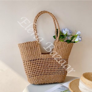 Women's Straw Weave Tote Bag, Hand Woven Basket Bag, Fashion Casual Basket Bag, Gift for Her, Women's Woven Basket Bag, Straw Basket Bag
