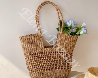 Women's Straw Weave Tote Bag, Hand Woven Basket Bag, Fashion Casual Basket Bag, Gift for Her, Women's Woven Basket Bag, Straw Basket Bag