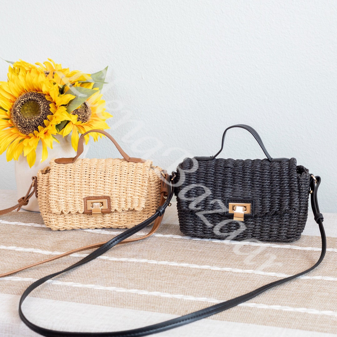Women's Straw Crossbody Bag With Leather Accent, Fashion Casual