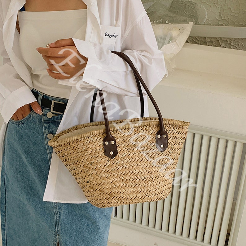 Women's Straw Weave Tote Bag, Hand Woven Basket Bag, Fashion Casual Basket Bag, Gift for Her, Women's Woven Basket Bag, Straw Basket Bag image 1