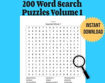 May include: A black and white word search puzzle with the title "200 Word Search Puzzles Volume 1". The puzzle is labeled "Puzzle #1 Assorted Words 1". The words to find are listed below the puzzle. The words are:  "Bishoprics, Bureau, Catechized, Chlorinating, Chummy, Cockneys, Copywriters, Cosmos, Decently, Dimes, Miraculously, Narking, Nerdier, Plantings, Plaudits, Pontificate, Procreated, Sewers, Starving, Steamed"