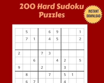 200 Sudokus difíciles: cuadrícula imprimible de 9x9 (descarga instantánea)