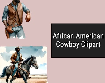 Puede incluir: Dos ilustraciones de vaqueros afroamericanos. La primera muestra a un vaquero con un sombrero marrón, un chaleco marrón y pantalones vaqueros azules. La segunda muestra a un vaquero montando un caballo negro.