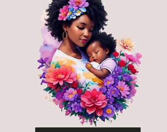 Afro Mother and Child Floral Clipart: Black Mom & Baby PNG (Digital Download)