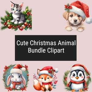 5 Cute Christmas Animal Bundle Clipart, Adorable Christmas Animal Bundle, Cute Christmas Animal Clipart, Cute Christmas Animal PNG