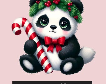 Adorable Christmas Panda with Candy Cane Clipart, Cute Holiday Animal Art, Christmas Panda PNG, Christmas Panda Clipart