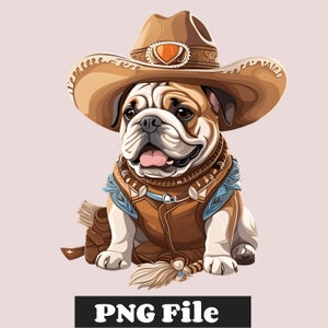 カウボーイハットをかぶったブルドッグのクリップアート、犬の PNG、犬のクリップアート、子犬のクリップアート、ブルドッグのクリップアート、ブルドッグの PNG、印刷可能な動物アート