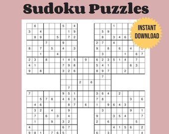 100 harde samurai-sudoku's afdrukbaar puzzelpakket + oplossingen | Direct downloaden | Logische hersenkrakers