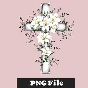 White Lily Cross Clipart, Floral Christian Cross PNG, Religious Cross Digital Download, Memorial Cross with Flowers, Sublimation Design