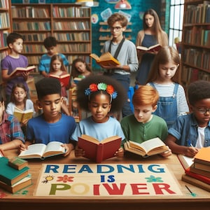 Peut inclure: Un groupe d'enfants dans une bibliothèque, en train de lire des livres. Le panneau sur la table indique "La lecture est un pouvoir".