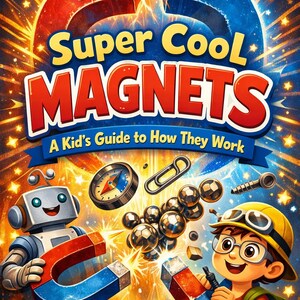 May include: A vibrant illustration for a children's book titled "Super Cool Magnets: A Kid's Guide to How They Work." The cover features a large magnet with "N" and "S" poles, a robot, a boy with goggles, and various magnetic objects.