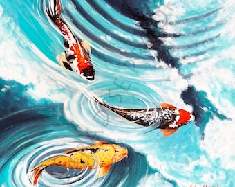 Poissons koi, impression d'art 30 x 30 cm