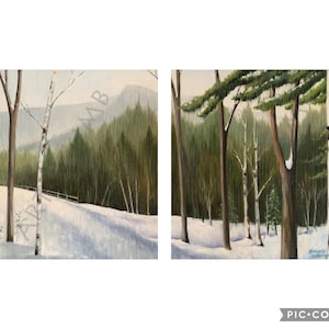 Peut inclure: Deux peintures repr&eacute;sentant une sc&egrave;ne de for&ecirc;t enneig&eacute;e avec des bouleaux et des conif&egrave;res. Les peintures sont encadr&eacute;es et accroch&eacute;es c&ocirc;te &agrave; c&ocirc;te.