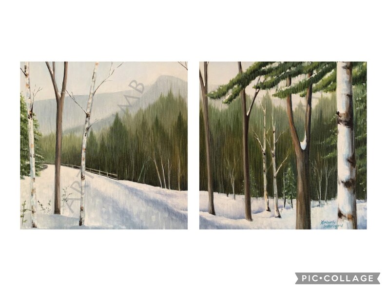 Peut inclure: Deux peintures repr&eacute;sentant une sc&egrave;ne de for&ecirc;t enneig&eacute;e avec des bouleaux et des conif&egrave;res. Les peintures sont encadr&eacute;es et accroch&eacute;es c&ocirc;te &agrave; c&ocirc;te.