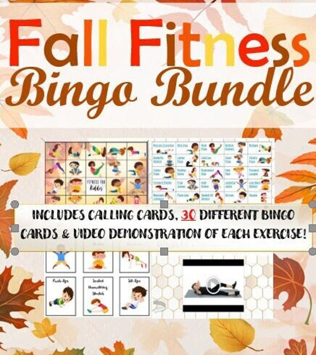 Fall Fitness Bingo 30 CARDS L Kids Bingo L Brain Breaks for Kids L