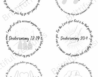 May include: Four black and white circular designs with bible verses from Deuteronomy. Each circle features a different image, including a heart, footprints, two figures, and a hand.