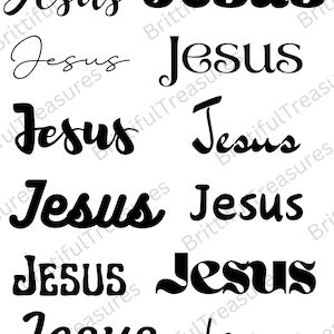 Peut inclure: Une collection de neuf styles de police différents pour le mot « Jésus ». Les polices sont toutes en noir et blanc et sont disposées en grille.