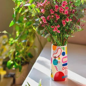 Hand-Painted Geometric Concrete Vase: 8&quot; Pop Art Decor