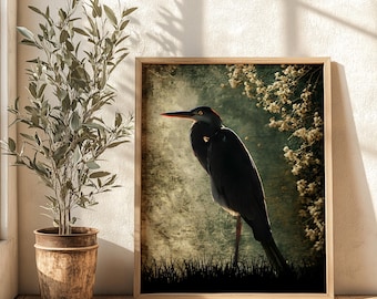 Vintage Blue Heron Painting, Coastal Bird Art Print (Downloadable)