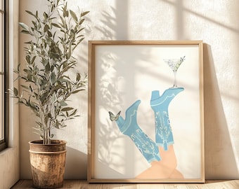 Coastal Cowgirl Boot Martini Art Print, Western Wall Decor (Digital Download)