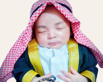 Cotton Muslim Baby Boy Thobe Set with Keffiyeh: Newborn Photography Outfit