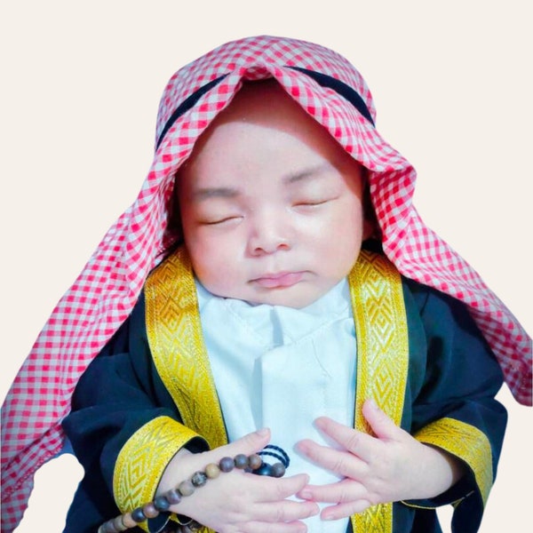 Muslim Baby Boy Thobe Set with Arabian Head Scarf/ Keffiyeh for 0-12 Months, Islamic Newborn Boys Clothing for Photography Aqiqah