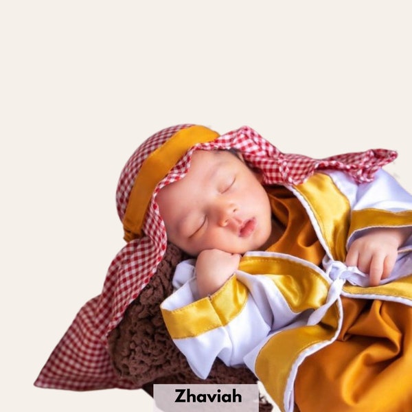 Newborn Boys Thobe Set for Eid with Arabian Head Scarf/ Keffiyeh (0-12 Months), Islamic Muslim Baby Boys Clothing for Photography Aqiqah