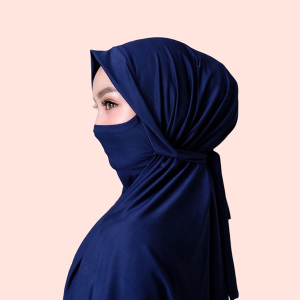 Navy Niqab Instant Hijab, Face Mask Veil, French Khimar for Muslim Women