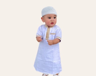 Muslim Baby Boy Thobe Set with Prayer Caps for 0 Months-2 Years Old, Islamic Newborn Boys Clothing for Eid, Aqiqah Outfits