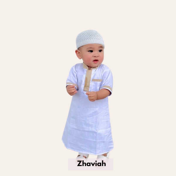Muslim Baby Boy Thobe Set with Prayer Caps for 0 Months-2 Years Old, Islamic Newborn Boys Clothing for Eid, Aqiqah Outfits