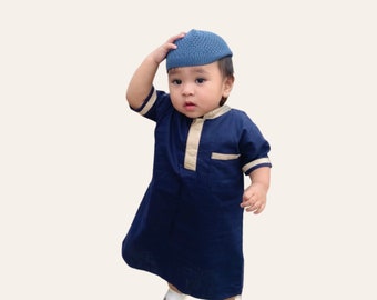 Muslim Baby Boy Thobe Set with Prayer Caps for 0 Months-2 Years Old, Islamic Newborn Boys Clothing for Eid, Aqiqah Outfits