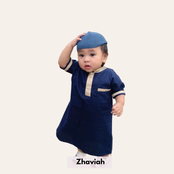 Muslim Baby Boy Thobe Set with Prayer Caps for 0 Months-2 Years Old, Islamic Newborn Boys Clothing for Eid, Aqiqah Outfits