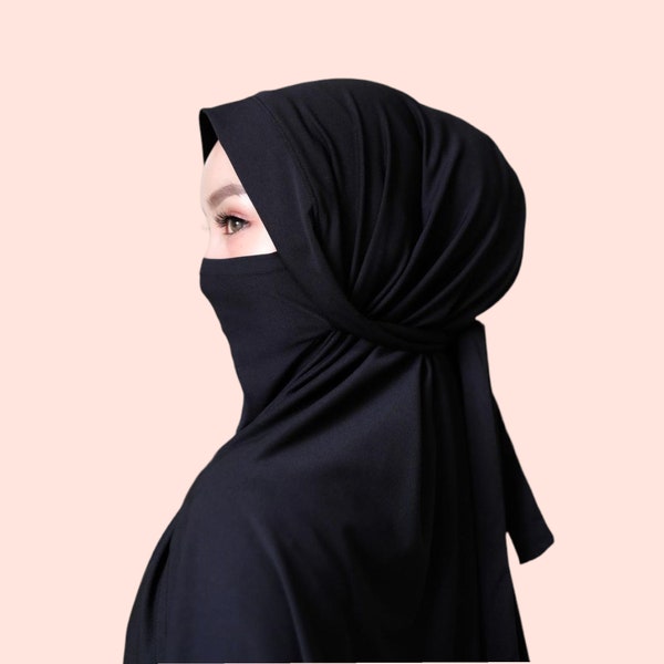 Black French Khimar for Muslim, Long Instant Jersey Hijab