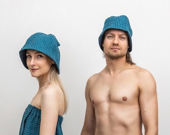 Waffle Linen Sauna Hat with Hook. Unisex Natural Sauna Hat with Inner Wool Layer. Spa Gift.