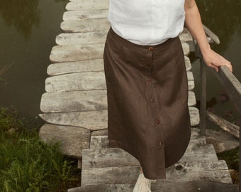 Women's Linen Skirt, A-Line Summer Midi Skirt with Buttons and Split, with Pockets, Retro Outfit, Everyday Outfit