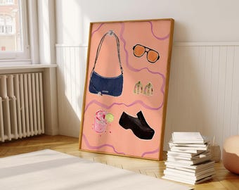 May include: A framed print with a peach background featuring a blue handbag, a pair of sunglasses, a pink drink with a lime wedge, a pair of earrings, and a black shoe.